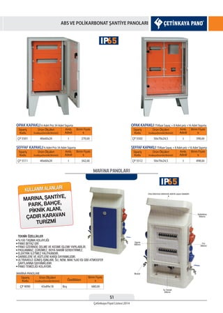 51
Çetinkaya Fiyat Listesi 2014
ABS VE POLİKARBONAT ŞANTİYE PANOLARI
MARiNA PANOLARI
Sipariş
Kodu Özellikleri
Birim Fiyatı
¨
Ürün Ölçüleri
EnxBoyxDerinlik(WxHxD)
ÇP 9090 Boş43x89x18 680,00
MARİNA PANOLARI
ŞEFFAF KAPAKLI 6 Adet Priz 34 Adet Sigorta
OPAK KAPAKLI 6 Adet Priz 34 Adet Sigorta
ŞEFFAFKAPAKLI1TrifazeSayaç+8Adetpriz+16AdetSigorta
OPAKKAPAKLI1TrifazeSayaç+8Adetpriz+16AdetSigorta
Sipariş
Kodu
Sipariş
Kodu
Sipariş
Kodu
Sipariş
Kodu
Birim Fiyatı
¨
Birim Fiyatı
¨
Birim Fiyatı
¨
Birim Fiyatı
¨
Ürün Ölçüleri
EnxBoyxDerinlik(WxHxD)
Ürün Ölçüleri
EnxBoyxDerinlik(WxHxD)
Ürün Ölçüleri
EnxBoyxDerinlik(WxHxD)
Ürün Ölçüleri
EnxBoyxDerinlik(WxHxD)
ÇP 5511
ÇP 5501
ÇP 5512
ÇP 5502
40x60x20
40x60x20
50x70x24,5
50x70x24,5
342,00
270,00
498,00
390,00
Amb.
Adedi
Amb.
Adedi
Amb.
Adedi
Amb.
Adedi
1
1
1
1
65IP
65IP
 