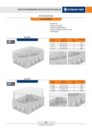 55
Çetinkaya Fiyat Listesi 2014
ABS VE POLİKARBONAT SIVA ÜSTÜ ŞEFFAF BUATLAR
Buatlar
Buatlar
SEFFAF BUATLAR
Teknik Özellikler
• Ral 7035 Gri
• Darbeye Dayanıklı
• Paslanmaz Çelik Vidalae
• Çalışma Sıcaklığı: +60 0C ile -25 0C
• ABS malzeme
Sipariş
Kodu
Sipariş
Kodu
ÇP 1151
ÇP 1152
ÇP 1153
ÇP 1154
ÇP 1461
ÇP 1462
ÇP 1463
ÇP 1464
150 x 110 x 70
190 x 145 x 80
250 x 200 x 90
310 x 230 x 130
150 x 110 x 140
190 x 145 x 160
250 x 200 x 160
310 x 230 x 180
9
10
12
6
16
10
6
6
22,00
27,00
33,00
48,00
35,00
49,00
59,00
82,00
Ölçüler
LxHxD (mm)
Ölçüler
LxHxD (mm)
Amb.
Adedi
Amb.
Adedi
Birim Fiyatı
¨
Birim Fiyatı
¨
55IP
55IP
 