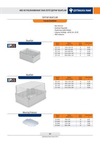 57
Çetinkaya Fiyat Listesi 2014
ABS VE POLİKARBONAT SIVA ÜSTÜ ŞEFFAF BUATLAR
SEFFAF BUATLAR
Teknik Özellikler
• Ral 7035 Gri
• Darbeye Dayanıklı
• Paslanmaz Çelik Vidalae
• Çalışma Sıcaklığı: +60 0C ile -25 0C
• ABS malzeme
Sipariş
Kodu
Sipariş
Kodu
Sipariş
Kodu
ÇP 1131
ÇP 1142
ÇP 1143
ÇP 1144
ÇP 1145
ÇP 1161
ÇP 1162
ÇP 1163
ÇP 1164
ÇP 2042
ÇP 2043
ÇP 2044
ÇP 2045
150 x 110 x 70
190 x 145 x 80
250 x 200 x 90
310 x 230 x 130
400 x 300 x 130
150 x 110 x 140
190 x 145 x 160
250 x 200 x 160
310 x 230 x 180
190 x 145
250 x 200
310 x 230
400 x 300
9
10
12
6
6
16
10
6
6
10
10
10
10
20,00
23,00
31,00
42,00
75,00
31,00
46,00
56,00
76,00
6,50
9,00
12,00
19,00
Ölçüler
LxHxD (mm)
Ölçüler
LxHxD (mm)
Ölçüler
LxHxD (mm)
Amb.
Adedi
Amb.
Adedi
Amb.
Adedi
Birim Fiyatı
¨
Birim Fiyatı
¨
Birim Fiyatı
¨
Buatlar
Buatlar
Montaj Plakası
55IP
55IP
 