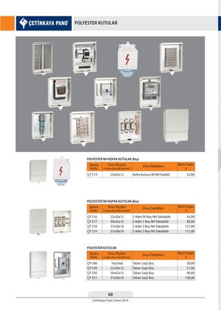 68
Çetinkaya Fiyat Listesi 2014
POLYESTER KUTULAR
Sipariş
Kodu
Sipariş
Kodu
Sipariş
Kodu
Birim Fiyatı
¨
Birim Fiyatı
¨
Birim Fiyatı
¨
Ürün Özellikleri
Ürün Özellikleri
Ürün Özellikleri
Ürün Ölçüleri
EnxBoyxDerinlik(WxHxD)
Ürün Ölçüleri
EnxBoyxDerinlik(WxHxD)
Ürün Ölçüleri
EnxBoyxDerinlik(WxHxD)
ÇP 514
ÇP 516
ÇP 517
ÇP 518
ÇP 519
ÇP 548
ÇP 549
ÇP 550
ÇP 551
23x42x12
22x30x12
30x42x15
37x58x18
37x58x18
16x24x8
22x30x12
30x42x15
37x58x18
Kofra Kutusu 00 NH Kaideli
3 Adet 00 Boy NH Takılabilir
3 Adet 1 Boy NH Takılabilir
3 Adet 2 Boy NH Takılabilir
3 Adet 3 Boy NH Takılabilir
Taban Saçlı Boş
Taban Saçlı Boş
Taban Saçlı Boş
Taban Saçlı Boş
55,00
43,00
80,00
121,00
121,00
38,00
51,00
90,00
138,00
POLYESTER NH KOFRA KUTULAR (Boş)
POLYESTER NH KOFRA KUTULAR (Boş)
POLYESTER KUTULAR
 