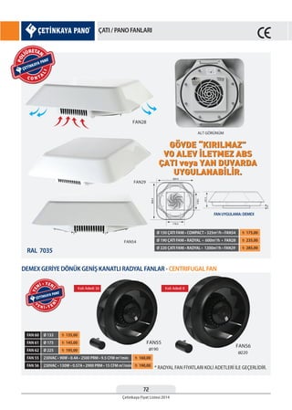 72
Çetinkaya Fiyat Listesi 2014
ÇATI / PANO FANLARI
GÖVDE “KIRILMAZ”
VO ALEV İLETMEZ ABS
ÇATI veya YAN DUVARDA
UYGULANABİLİR.
GÖVDE “KIRILMAZ”
VO ALEV İLETMEZ ABS
ÇATI veya YAN DUVARDA
UYGULANABİLİR.
Ø 150 ÇATI FANI • COMPACT • 325m3
/h • FAN54 ¨ 175,00
¨ 235,00
¨ 285,00
Ø 190 ÇATI FANI • RADYAL • 600m3
/h • FAN28
Ø 220 ÇATI FANI • RADYAL • 1200m3
/h • FAN29
230VAC • 90W • 0.4A • 2500 PRM • 9.5 CFM m3
/min
Ø 225
Ø 175
Ø 133
230VAC • 130W • 0.57A • 2900 PRM • 15 CFM m3
/min
¨ 160,00
¨ 195,00
¨ 145,00
¨ 135,00
Koli Adedi 16 Koli Adedi 8
FAN 55
FAN 61
FAN 60
¨ 190,00FAN 56
FAN 62
DEMEX GERİYE DÖNÜK GENİŞ KANATLI RADYAL FANLAR - CENTRIFUGAL FAN
RAL 7035
FAN UYGULAMA: DEMEX
* RADYAL FAN FİYATLARI KOLİ ADETLERİ İLE GEÇERLİDİR.
C O N T A
LI
POL
İÜRETAN
Y
E N İ • Y E
N
İ
YE
Nİ • YEN
İ
 