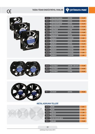 77
Çetinkaya Fiyat Listesi 2014
TAİDA-TİDAR ENDÜSTRİYEL FANLAR
120x120x25 Kablolu 220 VAC ¨ 10,70FAN 01
120x120x38 115 VAC ¨ 12,00FAN 14
80x80x25 12/24 VDC ¨ 5,00FAN 13
120x120 ¨ 1,00FAN 03
172x150x51 115 VAC ¨ 34,00FAN 31
120x120x38 Soketli 220 VAC ¨ 10,70FAN 02
80x80x38 220 VAC ¨ 10,70FAN 05
80x80 ¨ 0,85FAN 08
172x150x51 220 VAC • 255 m3
/h ¨ 33,00FAN 04
Ø 220x60 220 VAC ¨ 48,00FAN 16
90x90x25/38 220 VAC ¨ 10,70FAN 18
50x50x10 12/24 VDC ¨ 5,00FAN 30
Ø 220-225x225-Ø230 ¨ 4,40FAN 15
120x120x38 Kablolu 220 VAC ¨ 10,70FAN 01
120x120x38 48 VDC ¨ 14,00FAN 22
60x60x20 12/24 VDC ¨ 5,00FAN 09
170x150 ¨ 1,65FAN 06
120x120x25/38 12/24 VDC ¨ 10,70FAN 11
80x80x25 220 VAC ¨ 10,70FAN 07
90x90 ¨ 0,85FAN 25
172x150x51 24 VDC ¨ 34,00FAN 10
90x90x25 12/24 VDC ¨ 5,00FAN 12
40x40x10 12/24 VDC ¨ 5,00FAN 23
280x280 ¨ 10,00FAN 41
METAL KORUMA TELLERİ
 