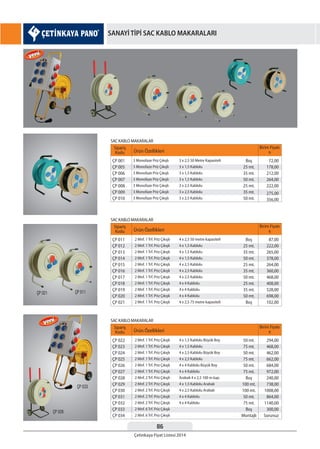 86
Çetinkaya Fiyat Listesi 2014
SANAYİ TİPİ SAC KABLO MAKARALARI
Sipariş
Kodu Ürün Özellikleri
Birim Fiyatı
¨
ÇP 011
ÇP 012
ÇP 013
ÇP 014
ÇP 015
ÇP 016
ÇP 017
ÇP 018
ÇP 019
ÇP 020
ÇP 021
Boş
25 mt.
35 mt.
50 mt.
25 mt.
35 mt.
50 mt.
25 mt.
35 mt.
50 mt.
Boş
4 x 2,5 50 metre kapasiteli
4 x 1,5 Kablolu
4 x 1,5 Kablolu
4 x 1,5 Kablolu
4 x 2,5 Kablolu
4 x 2,5 Kablolu
4 x 2,5 Kablolu
4 x 4 Kablolu
4 x 4 Kablolu
4 x 4 Kablolu
4 x 2,5 75 metre kapasiteli
2 Mnf. 1 Trf. Priz Çıkışlı
2 Mnf. 1 Trf. Priz Çıkışlı
2 Mnf. 1 Trf. Priz Çıkışlı
2 Mnf. 1 Trf. Priz Çıkışlı
2 Mnf. 1 Trf. Priz Çıkışlı
2 Mnf. 1 Trf. Priz Çıkışlı
2 Mnf. 1 Trf. Priz Çıkışlı
2 Mnf. 1 Trf. Priz Çıkışlı
2 Mnf. 1 Trf. Priz Çıkışlı
2 Mnf. 1 Trf. Priz Çıkışlı
2 Mnf. 1 Trf. Priz Çıkışlı
87,00
222,00
265,00
378,00
264,00
360,00
468,00
408,00
528,00
698,00
102,00
Sipariş
Kodu Ürün Özellikleri
Birim Fiyatı
¨
ÇP 001
ÇP 005
ÇP 006
ÇP 007
ÇP 008
ÇP 009
ÇP 010
Boş
25 mt.
35 mt.
50 mt.
25 mt.
35 mt.
50 mt.
3 x 2,5 50 Metre Kapasiteli
3 x 1,5 Kablolu
3 x 1,5 Kablolu
3 x 1,5 Kablolu
3 x 2,5 Kablolu
3 x 2,5 Kablolu
3 x 2,5 Kablolu
3 Monofaze Priz Çıkışlı
3 Monofaze Priz Çıkışlı
3 Monofaze Priz Çıkışlı
3 Monofaze Priz Çıkışlı
3 Monofaze Priz Çıkışlı
3 Monofaze Priz Çıkışlı
3 Monofaze Priz Çıkışlı
72,00
178,00
212,00
264,00
222,00
275,00
356,00
Sipariş
Kodu Ürün Özellikleri
Birim Fiyatı
¨
ÇP 022
ÇP 023
ÇP 024
ÇP 025
ÇP 026
ÇP 027
ÇP 028
ÇP 029
ÇP 030
ÇP 031
ÇP 032
ÇP 033
ÇP 034
50 mt.
75 mt.
50 mt.
75 mt.
50 mt.
75 mt.
Boş
100 mt.
100 mt.
50 mt.
75 mt.
Boş
Montajlı
4 x 1,5 Kablolu Büyük Boy
4 x 1,5 Kablolu
4 x 2,5 Kablolu Büyük Boy
4 x 2,5 Kablolu
4 x 4 Kablolu Büyük Boy
4 x 4 Kablolu
Arabalı 4 x 2,5 100 m kap.
4 x 1,5 Kablolu Arabalı
4 x 2,5 Kablolu Arabalı
4 x 4 Kablolu
4 x 4 Kablolu
2 Mnf. 1 Trf. Priz Çıkışlı
2 Mnf. 1 Trf. Priz Çıkışlı
2 Mnf. 1 Trf. Priz Çıkışlı
2 Mnf. 1 Trf. Priz Çıkışlı
2 Mnf. 1 Trf. Priz Çıkışlı
2 Mnf. 1 Trf. Priz Çıkışlı
2 Mnf. 2 Trf. Priz Çıkışlı
2 Mnf. 2 Trf. Priz Çıkışlı
2 Mnf. 2 Trf. Priz Çıkışlı
2 Mnf. 2 Trf. Priz Çıkışlı
2 Mnf. 2 Trf. Priz Çıkışlı
2 Mnf. 6 Trf. Priz Çıkışlı
2 Mnf. 6 Trf. Priz Çıkışlı
294,00
468,00
462,00
662,00
684,00
972,00
240,00
738,00
1008,00
864,00
1140,00
300,00
Sorunuz
SAC KABLO MAKARALAR
SAC KABLO MAKARALAR
SAC KABLO MAKARALAR
 