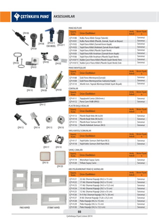 88
Çetinkaya Fiyat Listesi 2014
AKSESUARLAR
Sipariş
Kodu
Sipariş
Kodu
Sipariş
Kodu
Sipariş
Kodu
Sipariş
Kodu
Sipariş
Kodu
Sipariş
Kodu
Ürün Özellikleri
Ürün Özellikleri
Ürün Özellikleri
Ürün Özellikleri
Ürün Özellikleri
Ürün Özellikleri
Ürün Özellikleri
Birim Fiyatı
¨
Birim Fiyatı
¨
Birim Fiyatı
¨
Birim Fiyatı
¨
Birim Fiyatı
¨
Birim Fiyatı
¨
Birim Fiyatı
¨
Amb.
Adedi
Amb.
Adedi
Amb.
Adedi
Amb.
Adedi
Amb.
Adedi
Amb.
Adedi
Amb.
Adedi
ÇP 4121
ÇP 4122
ÇP 4123
ÇP 4124
ÇP 4125
ÇP 4126
ÇP 4127
ÇP 4128
ÇP 4129
ÇP 4130
ÇP 4100
ÇP 4101
ÇP 4102
ÇP 4103
ÇP 4104
ÇP 4105
ÇP 4106
ÇP 4107 Y
ÇP 4107 E
ÇP 4108
ÇP 4109
ÇP 4110
ÇP 4111
ÇP 4112
ÇP 4117
ÇP 4118
ÇP 4119
ÇP 4120
ÇP 4113
ÇP 4114
ÇP 4115
ÇP 4116
22 Ad. Otamat Kapağı (44,3 x 15 cm)
17 Ad. Otamat Kapağı (34,5 x 15 cm)
17 Ad. Otamat Kapağı (34,5 x 13,5 cm)
15 Ad. Otamat Kapağı (29,7 x 15 cm)
12 Ad. Otamat Kapağı (24,6 x 35 cm)
9+9 Ad. Otamat Kapağı (19,7 x 28 cm)
8 Ad. Otamat Kapağı (15,8 x 23,2 cm)
Pako Kapağı (44,3 x 15 cm)
Pako Kapağı (34,5 x 15 cm)
Pako Kapağı (34,5 x 13,5 cm)
Kollu Pano Kilidi (Sürgü Takımlı)
Kollu Pano Kilidi (Plastik, Zamak, Siyah ve Beyaz)
Yaylı Pano Kilidi (Zamak Krom Kaplı)
Yaylı Pano Kilidi (Kelebek Zamak Krom Kaplı)
Yaylı Pano Kilidi (Plastik Siyah Renk)
Yaylı Pano Kilit Anahtarı (Zamak Krom Kaplı)
Yaylı Pano Kilit Anahtarı (Plastik Siyah Renk)
Kaldır Çecir Pano Kilidi (Plastik Siyah Renk) Yeni
Kaldır Çecir Pano Kilidi (Plastik Siyah Renk) Eski
Gizli Pano Menteşesi(Zamak)
Gizli Pano Menteşesi(Sac Galvaniz Kaplı)
40x40 mm. Yaprak Menteşe(Vidalı Siyah Boyalı)
Yapışkanlı Conta (20x5mm.)
Pano Cam Fitilli (IP65)
Yaylı Kafes Somun (9x9 Kare M.5)
Yaylı Kafes Somun (9x9 Kare M.6)
Monofaze Sayaç Camı
Trifaze Sayaç Camı
Plastik Başlı Vida (M.5x20)
Plastik Başlı Vida (M.5x25)
Plastik Kare Somun (M.5)
Plastik Kelebek Somun (M.5)
Sorunuz
Sorunuz
Sorunuz
Sorunuz
Sorunuz
Sorunuz
Sorunuz
Sorunuz
Sorunuz
Sorunuz
Sorunuz
Sorunuz
Sorunuz
Sorunuz
Sorunuz
Sorunuz
Sorunuz
Sorunuz
Sorunuz
Sorunuz
Sorunuz
Sorunuz
Sorunuz
Sorunuz
Sorunuz
Sorunuz
Sorunuz
Sorunuz
Sorunuz
Sorunuz
Sorunuz
Sorunuz
ABS POLİKARBONAT PANO İÇ KAPAKLARI
PANO KİLİTLERİ
PANO MENTEŞELERİ
CONTALAR
YAYLI KAFESLİ SOMUNLAR
SAYAÇ CAMLARI
PLASTİK BAŞLIVİDALAR
 