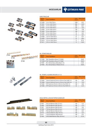 89
Çetinkaya Fiyat Listesi 2014
AKSESUARLAR
Sipariş
Kodu Ürün Özellikleri
Birim Fiyatı
¨
Amb.
Adedi
ÇP 905
ÇP 906
ÇP 907
ÇP 908
ÇP 909
ÇP 910
ÇP 911
ÇP 904
4’lü Sarı Klemens (Boy 32 mm.)
5’lü Sarı Klemens (Boy 38 mm.)
6’lü Sarı Klemens (Boy 44 mm.)
7’lü Sarı Klemens (Boy 50 mm.)
9’lü Sarı Klemens (Boy 62 mm.)
12’lü Sarı Klemens (Boy 78 mm.)
13’lü Sarı Klemens (Boy 84 mm.)
24’lü İzoleli Klemens (Boy 250 mm.)
1,55
1,75
1,85
1,35
2,65
3,35
3,55
21,50
100
100
100
100
100
100
100
36
İZOLELİ NÖTÜR ve İZOLESİZTOPRAK KLEMENSLERİ
Sipariş
Kodu Ürün Özellikleri
Birim Fiyatı
¨
Amb.
Adedi
ÇP 4983
ÇP 4984
ÇP 4985
ÇP 4986
Galvaniz Kaplamalı Otomat ve Klemens Rayı Delikli 1mt
Galvaniz Kaplamalı Otomat ve Klemens Rayı Delikli 2mt
DKP Kaplamasız Otomat ve Klemens Rayı Delikli 1mt
DKP Kaplamasız Otomat ve Klemens Rayı Delikli 2mt
3,60
7,20
3,40
6,70
100
50
100
50
WL. OTOMAT ve KLEMENS RAYLARI (35 X 7,5)
Sipariş
Kodu Ürün Özellikleri
Birim Fiyatı
¨
Amb.
Adedi
ÇP 4900
ÇP 4901
ÇP 4902
ÇP 4903
ÇP 4904
ÇP 4905
ÇP 4906
ÇP 4907
ÇP 4908
ÇP 4909
ÇP 4910
ÇP 4911
6 mm. Kablo Pabucu
10 mm. Kablo Pabucu
16 mm. Kablo Pabucu
25 mm. Kablo Pabucu
35 mm. Kablo Pabucu
50 mm. Kablo Pabucu
70 mm. Kablo Pabucu
95 mm. Kablo Pabucu
120 mm. Kablo Pabucu
150 mm. Kablo Pabucu
185 mm. Kablo Pabucu
240 mm. Kablo Pabucu
0,55
0,58
0,63
1,05
1,48
1,95
3,03
3,87
4,97
6,85
10,10
15,00
1000
800
400
250
100
100
70
70
35
25
15
15
KABLO PABUÇLARI
Sipariş
Kodu Ürün Özellikleri
Birim Fiyatı
¨
Amb.
Adedi
ÇP 4980
ÇP 4980 A
ÇP 4981
ÇP 4982
Nötr Topraklama Barası (31 Vidalı)
Nötr Topraklama Barası (61 Vidalı)
WL. Otomat Barası (Monofaze) 1mt.
WL. Otomat Barası (Trifaze3) 50 cm
26,00
30,00
21,00
24,00
WL. OTOMAT BARALARI
 