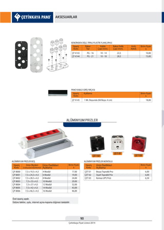90
Çetinkaya Fiyat Listesi 2014
AKSESUARLAR
ALÜMiNYUM PRiZLER
Sipariş
Kodu
Sipariş
Kodu
Sipariş
Kodu
Sipariş
Kodu
Ürün Özellikleri
Açıklama
Ürün Özellikleri
Açıklama
Birim Fiyatı
¨
Birim Fiyatı
¨
Rakor
Tipi
Açıklama
Kablo
Çapı (mm).
Rakor Delik
Çapı (mm).
Amb.
Adedi.
Birim Fiyatı
¨
Birim Fiyatı
¨
Ürün Ölçüleri
EnxBoyxDerinlik(WxHxD)
ÇP 4143
ÇP 4144
ÇP 4145
ÇP 8000
ÇP 8001
ÇP 8002
ÇP 8003
ÇP 8004
ÇP 8005
ÇP 8006
ÇET 01
ÇET 02
ÇET 03
4 Modül
6 Modül
8 Modül
10 Modül
12 Modül
14 Modül
16 Modül
Beyaz Topraklı Priz
Siyah Topraklı Priz
Kırmızı UPS Prizi
7,5 x 19,5 x 4,5
7,5 x 24,3 x 4,5
7,5 x 28,5 x 4,5
7,5 x 33 x 4,5
7,5 x 37 x 4,5
7,5 x 42 x 4,5
7,5 x 46,5 x 4,5
PG - 16
PG - 21
1 Mt. Boyunda (Kıl Boyu: 4 cm)
10 - 14
10 - 18
10,00
15,00
18,00
22,5
28,5
17,00
19,00
24,00
29,00
32,00
43,00
46,00
6,00
6,00
6,50
KENDİNDEN DİŞLİ,TIPALI PLASTİK FLANŞ (IP65)
PANO KABLO GİRİŞ FIRÇASI
ALÜMİNYUM PRİZLER BOŞ ALÜMİNYUM PRİZLER MONTAJLI
ÇET 01
ÇET 03ÇET 02
 