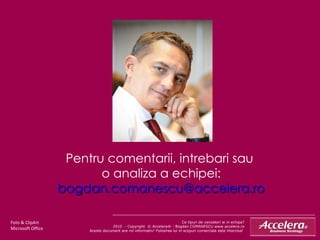 Pentru comentarii, intrebari sau  o analiza a echipei: bogdan.comanescu @ accelera.ro Foto & ClipArt Microsoft Office  Ce tipuri de vanzatori ai in echipa ? 2010  - Copyright  © Accelera® - Bogdan COMANESCU www.accelera.ro Aceste document are rol informativ! Folosirea lui in scopuri comerciale este interzisa!  