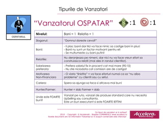 Ce tipuri de vanzatori ai in echipa ? 2010  - Copyright  © Accelera® - Bogdan COMANESCU www.accelera.ro Aceste document are rol informativ! Folosirea lui in scopuri comerciale este interzisa!  Tipurile de Vanzatori “ Vanzatorul OSPATAR”  OSPATARUL :1  :1 Nivelul: Bani = 1  Relatia = 1 Sloganul: “ Domnul doreste ceva?” Banii: - Ii plac banii dar NU va face nimic sa castige bani in plus!  - Banii nu sunt un factor motivant pentru el! - Se multumeste cu bani putini! Relatiile: Nu deranjeaza pe nimeni ,  dar nici nu va face vreun efort sa construiasca relatii (mai ales in randul clientilor). Salarizarea preferata: - Prefera salariul fix in procent cat mai mare (90:10) - Nu stie niciodata cat comision are de castigat Motivarea  Non-Financiara - O viata “linistita” = va face eforturi numai ca sa “nu aib a  probleme” cu clientii sau cu seful. Cariera: Spera sa ajunga sa faca si altceva mai bun! Hunter/Farmer: Hunter = slab Farmer = slab Unde este FOARTE bun? Vanzari pe ruta, vanzari de produse standard care nu necesita UpSelling sau consultanta.  Este un bun executant si este FOARTE IEFTIN! 
