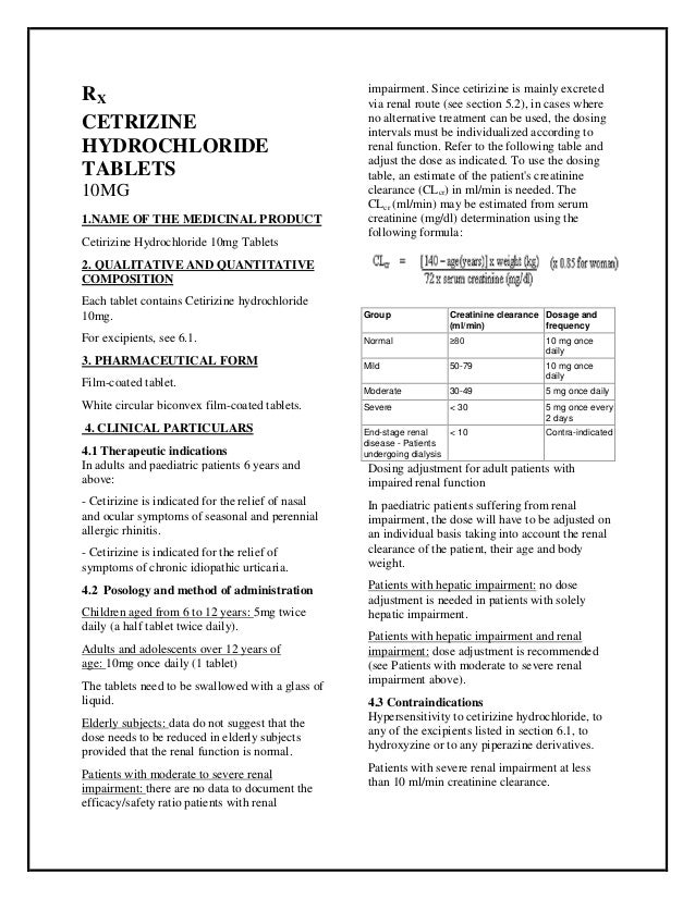 Cetirizine Hydrochloride Dosage Chart