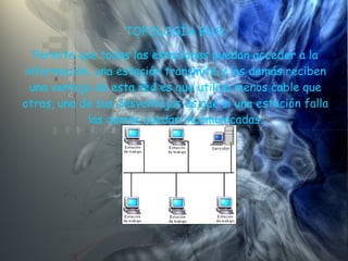 TOPOLOGÍA BUS: Permite que todas las estaciones puedan acceder a la información, una estación transmite y los demás reciben una ventaja de esta red es que utiliza menos cable que otras, una de sus desventajas es que si una estación falla las demás quedan incomunicadas. 