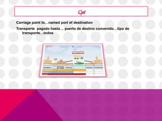 Carriage paint to…named port of destination 
Transporte pagado hasta… puerto de destino convenido…tipo de 
transporte…todos 
 