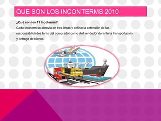 QUE SON LOS INCONTERMS 2010 
¿Qué son los 11 Incoterms? 
Cada Incoterm se abrevia en tres letras y define la extensión de las 
responsabilidades tanto del comprador como del vendedor durante la transportación 
y entrega de bienes. 
 