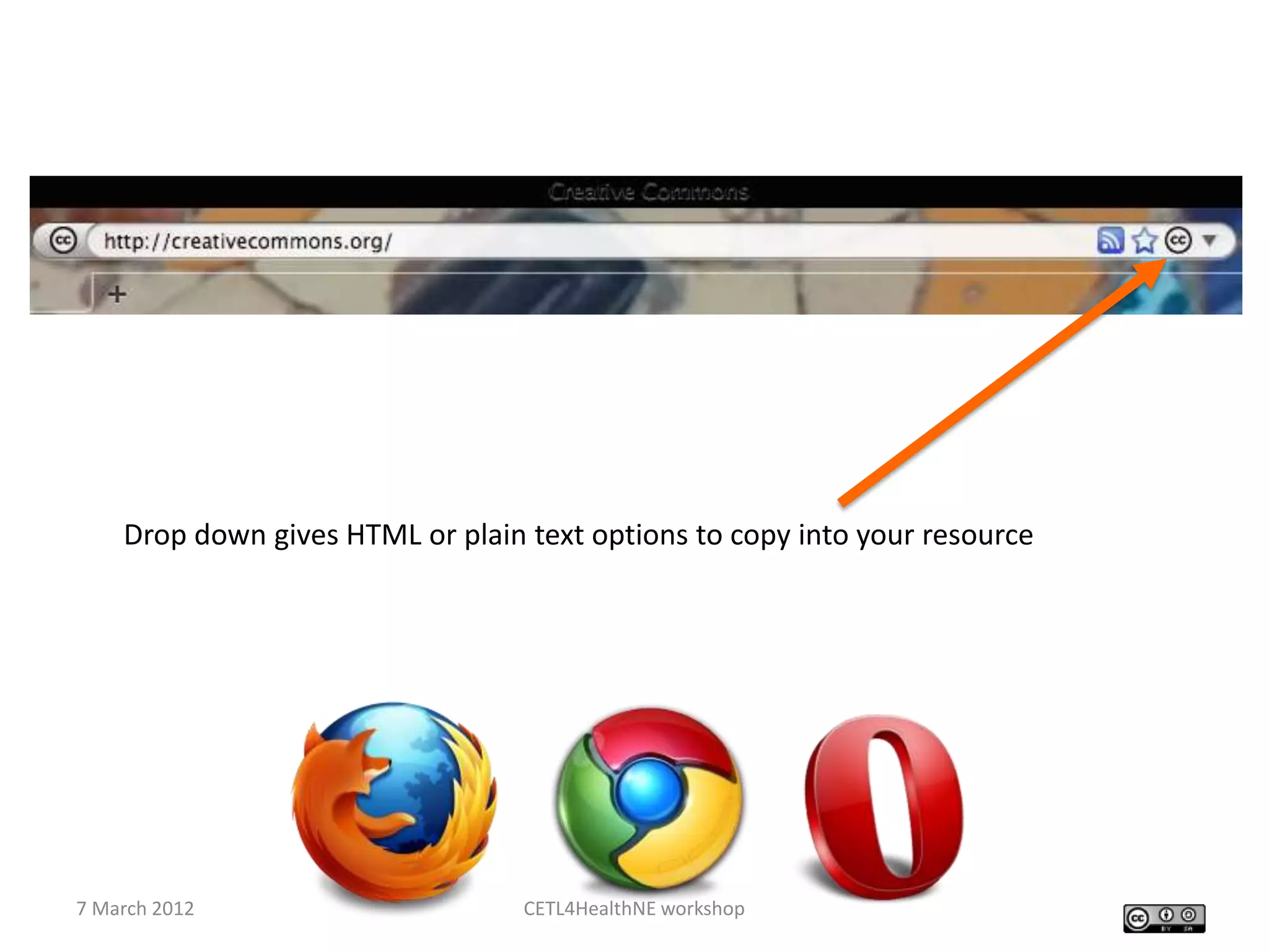 Drop down gives HTML or plain text options to copy into your resource




7 March 2012                      CETL4HealthNE workshop
 