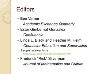EditorsBen VarnerAcademic Exchange QuarterlyEster Gimbernat GonzalezConfluenciaLinda L. Black and Heather M. Helm	Counselor Education and SupervisionSample reviewer forms http://www.unco.edu/ces/evaluation.htmFrederick “Rick” Silverman	Journal of Mathematics and Culture