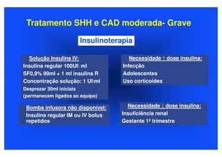 Tratamento SHH e CAD moderada- Grave

                       Insulinoterapia

  Solução Insulina IV:                Necessidade ↑ dose insulina:
Insulina regular 100UI ml         Infecção
SF0,9% 99ml + 1 ml insulina R      Adolescentes
Concentração solução: 1 UIml      Uso corticoides
Desprezar 30ml iniciais
(permanecem ligados ao equipo)

 Bomba infusora não disponível:      Necessidade ↓ dose insulina:
 Insulina regular IM ou IV bolus   Insuficiência renal
 repetidos                         Gestante 1º trimestre
 