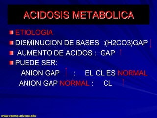 www.reeme.arizona.edu
www.reeme.arizona.edu
ACIDOSIS METABOLICA
ACIDOSIS METABOLICA
ETIOLOGIA
ETIOLOGIA
DISMINUCION DE BASES :(H2CO3)GAP
DISMINUCION DE BASES :(H2CO3)GAP
AUMENTO DE ACIDOS : GAP
AUMENTO DE ACIDOS : GAP
PUEDE SER:
PUEDE SER:
ANION GAP : EL CL ES
ANION GAP : EL CL ES NORMAL
NORMAL
ANION GAP
ANION GAP NORMAL
NORMAL : CL
: CL
 