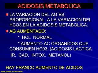 www.reeme.arizona.edu
www.reeme.arizona.edu
ACIDOSIS METABOLICA
ACIDOSIS METABOLICA
LA VARIACION DEL AG ES
LA VARIACION DEL AG ES
PROPORCIONAL A LA VARIACION DEL
PROPORCIONAL A LA VARIACION DEL
HCO3 EN LA ACIDOSIS METABOLICA.
HCO3 EN LA ACIDOSIS METABOLICA.
AG AUMENTADO:
AG AUMENTADO:
* HCL NORMAL
* HCL NORMAL
* AUMENTO AC ORGANICOS QUE
* AUMENTO AC ORGANICOS QUE
CONSUMEN HC03 (ACIDOSIS LACTICA
CONSUMEN HC03 (ACIDOSIS LACTICA
IR, CAD, INTOX. METANOL)
IR, CAD, INTOX. METANOL)
HAY FRANCO AUMENTO DE ACIDOS
HAY FRANCO AUMENTO DE ACIDOS
 