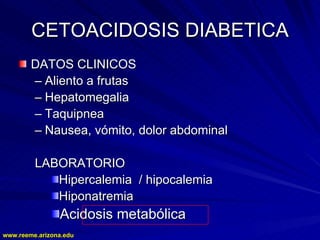www.reeme.arizona.edu
www.reeme.arizona.edu
CETOACIDOSIS DIABETICA
CETOACIDOSIS DIABETICA
DATOS CLINICOS
DATOS CLINICOS
–
– Aliento a frutas
Aliento a frutas
–
– Hepatomegalia
Hepatomegalia
–
– Taquipnea
Taquipnea
–
– Nausea, vómito, dolor abdominal
Nausea, vómito, dolor abdominal
LABORATORIO
LABORATORIO
Hipercalemia / hipocalemia
Hipercalemia / hipocalemia
Hiponatremia
Hiponatremia
Acidosis metabólica
Acidosis metabólica
 