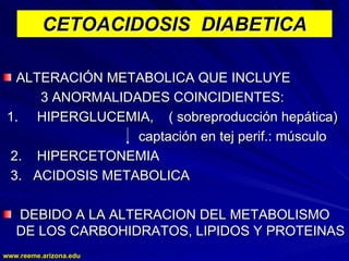 www.reeme.arizona.edu
www.reeme.arizona.edu
CETOACIDOSIS DIABETICA
CETOACIDOSIS DIABETICA
ALTERACIÓN
ALTERACIÓN METABOLICA QUE INCLUYE
METABOLICA QUE INCLUYE
3 ANORMALIDADES COINCIDIENTES:
3 ANORMALIDADES COINCIDIENTES:
1. HIPERGLUCEMIA, ( sobreproducción hepática)
1. HIPERGLUCEMIA, ( sobreproducción hepática)
captación en tej perif.: mús
captación en tej perif.: músculo
culo
2. HIPERCETONEMIA
2. HIPERCETONEMIA
3. ACIDOSIS METABOLICA
3. ACIDOSIS METABOLICA
DEBIDO A LA ALTERACION DEL METABOLISMO
DEBIDO A LA ALTERACION DEL METABOLISMO
DE LOS CARBOHIDRATOS, LIPIDOS Y PROTEINAS
DE LOS CARBOHIDRATOS, LIPIDOS Y PROTEINAS
 