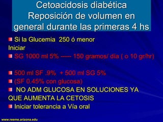 www.reeme.arizona.edu
www.reeme.arizona.edu
Cetoacidosis diabética
Cetoacidosis diabética
Reposición de volumen en
Reposición de volumen en
general durante las primeras 4 hs
general durante las primeras 4 hs
Si la Glucemia 250 ó menor
Si la Glucemia 250 ó menor
Iniciar
Iniciar
SG 1000 ml 5%
SG 1000 ml 5% -----
----- 150 gramos/ día ( o 10 gr/hr)
150 gramos/ día ( o 10 gr/hr)
500 ml SF .9% + 500 ml SG 5%
500 ml SF .9% + 500 ml SG 5%
(SF 0.45% con glucosa)
(SF 0.45% con glucosa)
NO ADM GLUCOSA EN SOLUCIONES YA
NO ADM GLUCOSA EN SOLUCIONES YA
QUE AUMENTA LA CETOSIS
QUE AUMENTA LA CETOSIS
Iniciar tolerancia a Vía oral
Iniciar tolerancia a Vía oral
 
