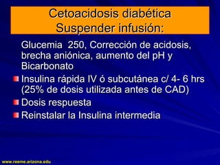 www.reeme.arizona.edu
www.reeme.arizona.edu
Cetoacidosis diabética
Cetoacidosis diabética
Suspender infusión:
Suspender infusión:
Glucemia 250, Corrección de acidosis,
Glucemia 250, Corrección de acidosis,
brecha aniónica, aumento del pH y
brecha aniónica, aumento del pH y
Bicarbonato
Bicarbonato
Insulina rápida IV ó subcutánea c/ 4
Insulina rápida IV ó subcutánea c/ 4-
- 6 hrs
6 hrs
(25% de dosis utilizada antes de CAD)
(25% de dosis utilizada antes de CAD)
Dosis respuesta
Dosis respuesta
Reinstalar la Insulina intermedia
Reinstalar la Insulina intermedia
 