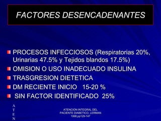 ATENCION INTEGRAL DEL
ATENCION INTEGRAL DEL
PACIENTE DIABETICO, LERMAN
PACIENTE DIABETICO, LERMAN
1998,pp129
1998,pp129-
-147
147
FACTORES DESENCADENANTES
PROCESOS INFE
PROCESOS INFEC
CCIOSOS
CIOSOS (Respiratorias 20%,
(Respiratorias 20%,
Urinarias 47.5% y Tejidos blandos 17.5%)
Urinarias 47.5% y Tejidos blandos 17.5%)
OMISION O USO INADECUADO INSULINA
OMISION O USO INADECUADO INSULINA
TRASGRESION DIETETICA
TRASGRESION DIETETICA
DM RECIENTE INICIO 15
DM RECIENTE INICIO 15-
-20 %
20 %
SIN FACTOR IDENTIFICADO 25%
SIN FACTOR IDENTIFICADO 25%
A
T
E
N
 