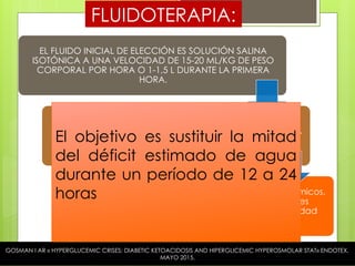 EL FLUIDO INICIAL DE ELECCIÓN ES SOLUCIÓN SALINA
ISOTÓNICA A UNA VELOCIDAD DE 15-20 ML/KG DE PESO
CORPORAL POR HORA O 1-1,5 L DURANTE LA PRIMERA
HORA.
FORMULA DE SODIO CORREGIDO PARA LA GLUCOSA:- NA
CORR= NA MEDIDO +(GLUCOSA- 100) /100 X 1.6.
En los pacientes que son hipernatrémicos o eunatrémicos,
el 0,45% de NaCl infundido a 4-14 ml / kg / hora es
apropiado, y se prefiere NaCl al 0,9% a una velocidad
similar en pacientes con hiponatremia.
FLUIDOTERAPIA:
GOSMAN I AR « HYPERGLUCEMIC CRISES; DIABETIC KETOACIDOSIS AND HIPERGLICEMIC HYPEROSMOLAR STAT» ENDOTEX,
MAYO 2015.
El objetivo es sustituir la mitad
del déficit estimado de agua
durante un período de 12 a 24
horas
 