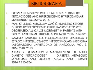 BIBLIOGRAFIA:
I. GOSMAN I AR « HYPERGLUCEMIC CRISES; DIABETIC
KETOACIDOSIS AND HIPERGLICEMIC HYPEROSMOLAR
STAT» ENDOTEX, MAYO 2015.
II. IVAN KRULJAC, MIROSLAV ĆAĆIĆ, «DIABETIC KETOSIS
DURING HYPERGLYCEMIC CRISIS ISASSOCIATED WITH
DECREASED ALL-CAUSE MORTALITY IN PATIENTS WITH
TYPE 2 DIABETES MELLITUS» 03 SEPTIEMBRE 2016. 514-625.
III. RAMIREZ BARRERA J.D. « CETOACIDOSIS DIABETICA Y
ESTADO HIPERGLUCEMICO HIPEROSMOLAR» MEDICINA
LABORATORIA; UNIVERSIDAD DE ANTOQUIA. VOL 3.
BUM. 9-10; 2010
IV. AIDAR R GOSMANOV « MANAGEMENT OF ADULT
DIABETIC KETOACIDOSIS” DIABETES, METABOLIC
SYNDROME AND OBESITY: TARGETS AND THERAPY
2014:7 255–264
 