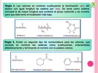 Regla 5. Existe un segundo tipo de nomenclatura para las cetonas, que
consiste en nombrar las cadenas como sustituyentes, ordenándolas
alfabéticamente y terminando el nombre con la palabra cetona.
Regla 4. Las cetonas se nombran sustituyendo la terminación -ano del
alcano con igual longitud de cadena por -ona. Se toma como cadena
principal la de mayor longitud que contiene el grupo carbonilo y se numera
para que éste tome el localizador más bajo.
 