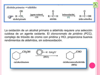 La oxidación de un alcohol primario a aldehído requiere una selección
cuidosa de un agente oxidante. El clorocromato de piridinio (PCC),
complejo de trióxido de cromo con piridina y HCl, proporciona buenos
rendimientos de aldehídos, sin sobreoxidación.
 