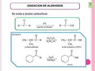 OXIDACION DE ALDEHIDOS
Se oxida a ácidos carboxílicos
 