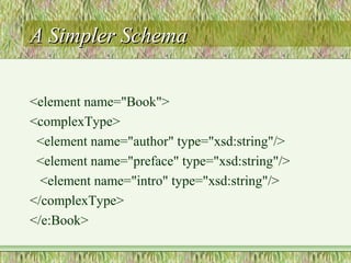 A Simpler SchemaA Simpler Schema
<element name="Book">
<complexType>
<element name="author" type="xsd:string"/>
<element name="preface" type="xsd:string"/>
<element name="intro" type="xsd:string"/>
</complexType>
</e:Book>
 
