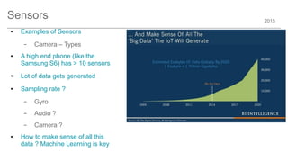 2015
Sensors
● Examples of Sensors
– Camera – Types
● A high end phone (like the
Samsung S6) has > 10 sensors
● Lot of data gets generated
● Sampling rate ?
– Gyro
– Audio ?
– Camera ?
● How to make sense of all this
data ? Machine Learning is key
 