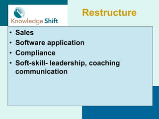 Restructure
•   Sales
•   Software application
•   Compliance
•   Soft-skill- leadership, coaching
    communication
 