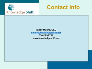 Contact Info


   Nancy Munro, CEO
nancy@knowledgeshift.net
     630-221-8759
 www.knowledgeshift.net
 