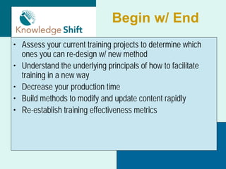 Begin w/ End
• Assess your current training projects to determine which
  ones you can re-design w/ new method
• Understand the underlying principals of how to facilitate
  training in a new way
• Decrease your production time
• Build methods to modify and update content rapidly
• Re-establish training effectiveness metrics
 