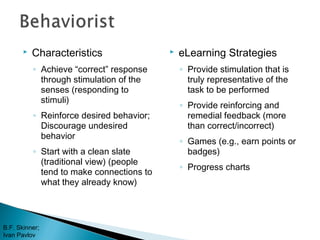  Characteristics
◦ Achieve “correct” response
through stimulation of the
senses (responding to
stimuli)
◦ Reinforce desired behavior;
Discourage undesired
behavior
◦ Start with a clean slate
(traditional view) (people
tend to make connections to
what they already know)
 eLearning Strategies
◦ Provide stimulation that is
truly representative of the
task to be performed
◦ Provide reinforcing and
remedial feedback (more
than correct/incorrect)
◦ Games (e.g., earn points or
badges)
◦ Progress charts
B.F. Skinner;
Ivan Pavlov
 