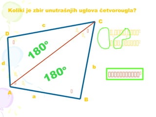 A
D
a
b
c
d
B
C




Koliki je zbir unutrašnjih uglova četvorougla?






180
o
180
o

 