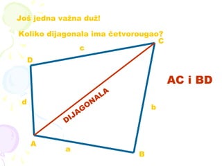 Još jedna važna duž!
A
C
D
a
b
c
d
B
Koliko dijagonala ima četvorougao?
DIJAGONALA
AC i BD
 