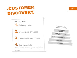 . 17 .
FILOSOFIA:
1. Saia do prédio
2. Investigue o problema
3. Desenvolva para poucos
4. Earlyvangelists
Clientes visionários: felizes em pagar pelo acesso pioneiro
ao produto.
 