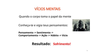VÍCIOS MENTAIS
15
Quando o corpo toma o papel da mente
Conheça-te e vigia teus pensamentos:
Sofrimento!
Resultado:
Pensamento -> Sentimento ->
Comportamento -> Ação -> Hábito -> Vício
 