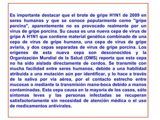Es importante destacar que el brote de gripe H1N1 de 2009 en seres humanos y que se conoce popularmente como "gripe porcina", aparentemente no es provocado realmente por un virus de gripe porcina. Su causa es una nueva cepa de virus de gripe A H1N1 que contiene material genético combinado de una cepa de virus de gripe humana, una cepa de virus de gripe aviaria, y dos cepas separadas de virus de gripe porcina. Los orígenes de esta nueva cepa son desconocidos y la Organización Mundial de la Salud (OMS) reporta que esta cepa no ha sido aislada directamente de cerdos. Se transmite con mucha facilidad entre seres humanos, debido a una habilidad atribuida a una mutación aún por identificar, y lo hace a través de la saliva por vía aérea, por el contacto estrecho entre mucosas o mediante la transmisión mano-boca debido a manos contaminadas. Esta cepa causa en la mayoría de los casos, sólo síntomas leves y las personas infectadas se recuperan satisfactoriamente sin necesidad de atención médica o el uso de medicamentos antivirales. 