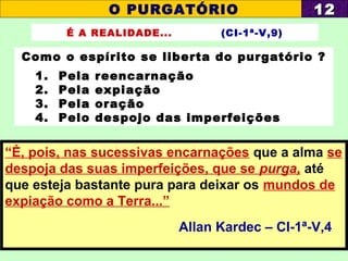 É A REALIDADE... (CI-1ª-V,9)
Como o espírito se liberta do purgatório ?
1. Pela reencarnação
2. Pela expiação
3. Pela oração
4. Pelo despojo das imperfeições
O PURGATÓRIO 1212
“É, pois, nas sucessivas encarnações que a alma se
despoja das suas imperfeições, que se purga, até
que esteja bastante pura para deixar os mundos de
expiação como a Terra...”
Allan Kardec – CI-1ª-V,4
 