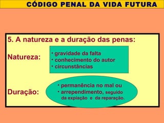 CÓDIGO PENAL DA VIDA FUTURA
5. A natureza e a duração das penas:
Natureza:
Duração:
• gravidade da falta
• conhecimento do autor
• circunstâncias
• permanência no mal ou
• arrependimento, seguido
da expiação e da reparação.
 