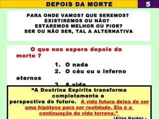 PARA ONDE VAMOS? QUE SEREMOS?
EXISTIREMOS OU NÃO?
ESTAREMOS MELHOR OU PIOR?
SER OU NÃO SER, TAL A ALTERNATIVA
O que nos espera depois da
morte ?
1. O nada
2. O céu ou o inferno
eternos
3. A vida
4. A dúvida
DEPOIS DA MORTE
“A Doutrina Espírita transforma
completamente a
perspectiva do futuro. A vida futura deixa de ser
uma hipótese para ser realidade. Ela é a
continuação da vida terrena.”
55
 