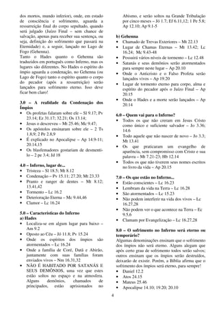 4
dos mortos, mundo inferior), onde, em estado
de consciência e sofrimento, aguarda a
ressurreição final do corpo sepultado, quando
será julgado (Juízo Final – sem chance de
salvação, apenas para receber sua sentença, ou
seja, definição do sofrimento que passará na
Eternidade) e, a seguir, lançado no Lago de
Fogo (Gehenna).
Tanto o Hades quanto o Gehenna são
traduzidos em português como Inferno, mas os
lugares são diferentes. No Hades o espírito do
ímpio aguarda a condenação, no Gehenna (ou
Lago de Fogo) tanto o espírito quanto o corpo
do pecador (após a ressurreição) serão
lançados para sofrimento eterno. Isso deve
ficar bem claro!
3.0 – A realidade da Condenação dos
Ímpios
• Os profetas falaram sobre ele – Sl 9.17; Pv
23.14; Ez 31.17; 32.21; Os 13.14;
• Jesus o descreveu – Mt 25.46; Mc 9.47;
• Os apóstolos ensinaram sobre ele – 2 Ts
1.8,9; 2 Pe 2.8,9
• É explicado no Apocalipse – Ap 14.9-11;
20.14,15
• Os blasfemadores gostariam de desmenti-
lo – 2 pe 3.4; Jd 18
4.0 – Inferno, lugar de...
• Tristeza – Sl 18.5; Mt 8.12
• Condenação – Pv 15.11; 27.20; Mt 23.33
• Pranto e ranger de dentes – Mt 8.12;
13.41,42
• Tormento – Lc 16.2
• Deterioração Eterna – Mc 9.44,46
• Clamor – Lc 16.24
5.0 – Características do Inferno
a) Hades
• Localiza-se em algum lugar para baixo –
Am 9.2
• Oposto ao Céu – Jó 11.8; Pv 15.24
• Onde os espíritos dos ímpios são
atormentados – Lc 16.24
• Onde a família de Coré, Datã e Abirão,
juntamente com suas famílias foram
enviados vivos – Nm 16.31,32
• NÃO É HABITADO POR SATANÁS E
SEUS DEMÔNIOS, uma vez que estes
estão soltos no espaço e na atmosfera.
Alguns demônios, chamados de
principados, estão aprisionados no
Abismo, e serão soltos na Grande Tribulação
por cinco meses – Jó 1.7; Ef 6.11,12; 1 Pe 5.8;
Ap 12.10; Ap 9.1-5
b) Gehenna
• Chamado de Trevas Exteriores – Mt 22.13
• Lugar de Chamas Eternas – Mt 13.42; Lc
16.24; Mc 9.43-48
• Possuirá vários níveis de tormento – Lc 12.48
• Satanás e seus demônios serão atormentados
para sempre neste lugar – Ap 20.10
• Onde o Anticristo e o Falso Profeta serão
lançados vivos – Ap 19.20
• Lugar de tormento eterno para corpo, alma e
espírito do pecador após o Juízo Final – Ap
20.15
• Onde o Hades e a morte serão lançados – Ap
20.14
6.0 – Quem vai para o Inferno?
• Todos os que não creram em Jesus Cristo
como único e suficiente salvador – Jo 3.36;
14.6
• Todo aquele que não nascer de novo – Jo 3.3;
Mt 13.41
• Os que praticaram um evangelho de
aparência, sem compromisso com Cristo e sua
palavra – Mt 7.21-23; Hb 12.14
• Todos os que não tiverem seus nomes escritos
no livro da vida – Ap 20.15
7.0 – Os que estão no Inferno...
• Estão conscientes – Lc 16.23
• Lembram da vida na Terra – Lc 16.28
• São atormentados – Lc 15.23
• Não podem interferir na vida dos vivos – Lc
16.27,28
• Não podem ver o que acontece na Terra – Ec
9.5,6
• Clamam por Evangelização – Lc 16.27,28
8.0 – O sofrimento no Inferno será eterno ou
temporário?
Algumas denominações ensinam que o sofrimento
dos ímpios não será eterno. Alguns alegam que
após certo grau de sofrimento todos serão salvos;
outros ensinam que os ímpios serão destruídos,
deixarão de existir. Porém, a Bíblia afirma que o
sofrimento dos ímpios será eterno, para sempre!
• Daniel 12.2
• Atos 24.15
• Mateus 25.46
• Apocalipse 14.10; 19.20; 20.10
 
