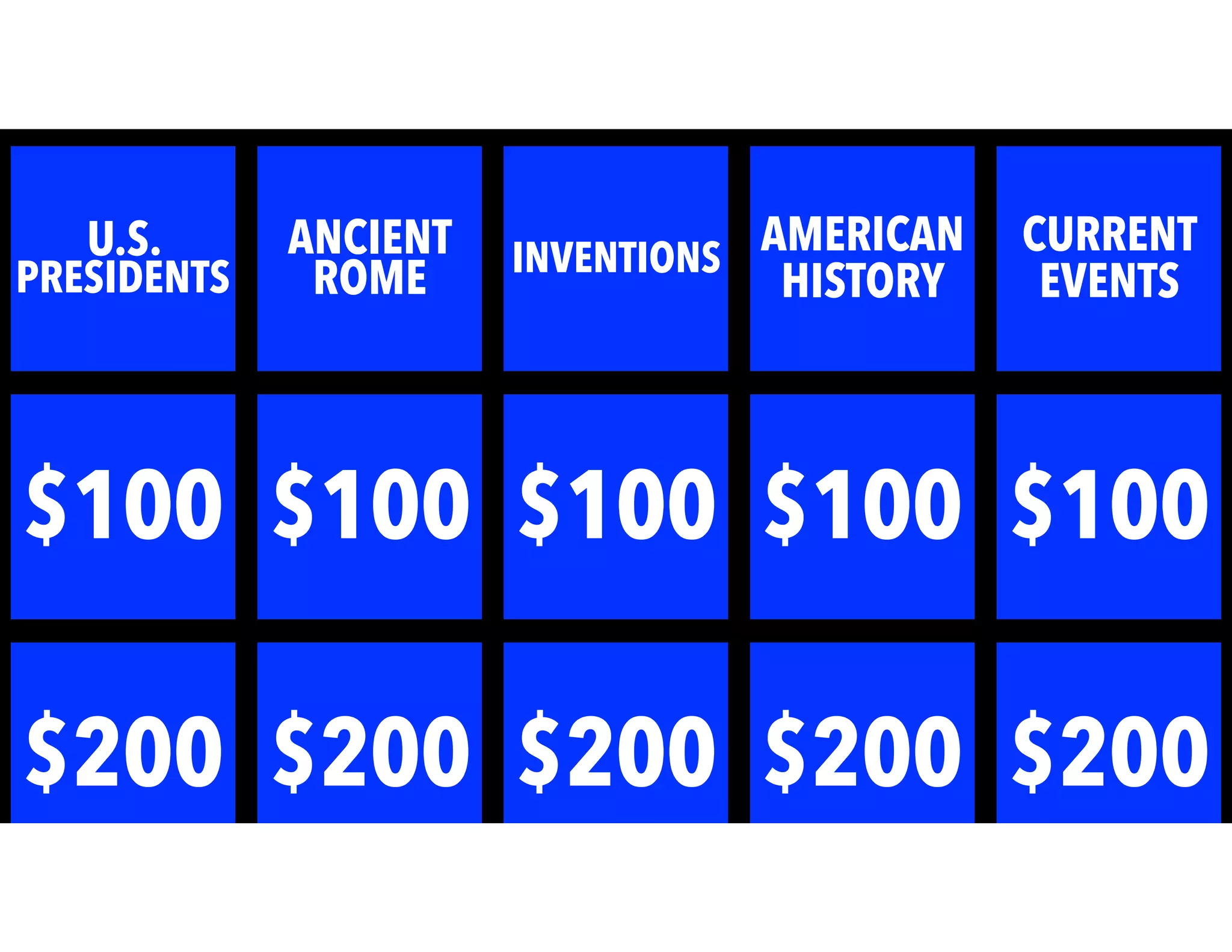 INVENTIONS
AMERICAN
HISTORY
ANCIENT
ROME
U.S.
PRESIDENTS
CURRENT
EVENTS
$100 $100$100$100 $100
$200 $200$200$200 $200
 