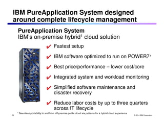 IBM PureApplication System designed 
around complete lifecycle management 
© 2014 IBM Corporation 
Fastest setup 
IBM software optimized to run on POWER7+ 
Best price/performance – lower cost/core 
Integrated system and workload monitoring 
Simplified software maintenance and 
disaster recovery 
Reduce labor costs by up to three quarters 
across IT lifecycle 
29 
PureApplication System 
IBM’s on-premise hybrid1 cloud solution 
1 Seamless portability to and from off-premise public cloud via patterns for a hybrid cloud experience 
