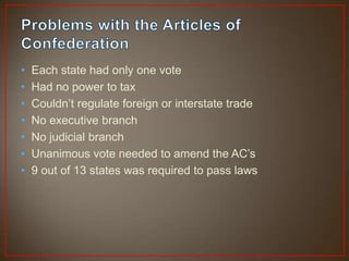 •   Each state had only one vote
•   Had no power to tax
•   Couldn’t regulate foreign or interstate trade
•   No executive branch
•   No judicial branch
•   Unanimous vote needed to amend the AC’s
•   9 out of 13 states was required to pass laws
 