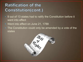 • 9 out of 13 states had to ratify the Constitution before it
  went into effect
• Went into effect on June 21, 1788
• The Constitution could only be amended by a vote of the
  states
 